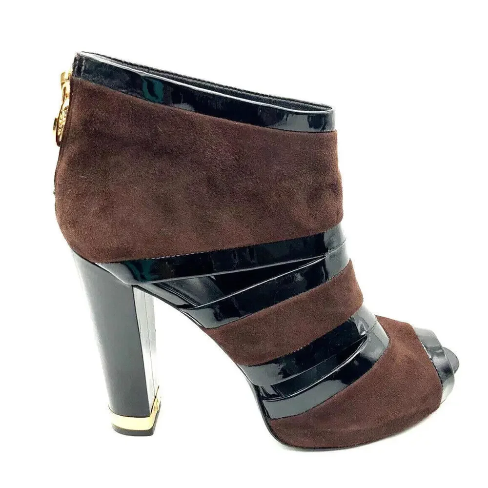 Tory Burch Lucille US-7 Peep Toe Ankle Booties Black Brown Shoes Platform Suede